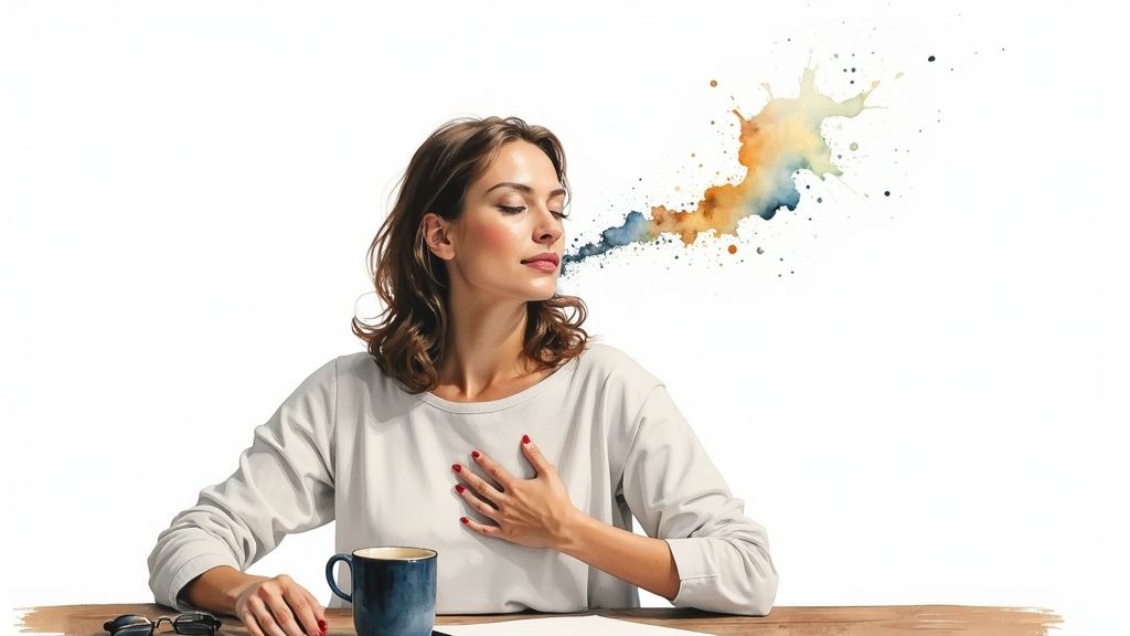 Achtsamkeitsübungen für anfänger: finde deinen inneren anker Eine frau sitzt mit geschlossenen augen in einer belebten umgebung und wirkt zentriert und ruhig.