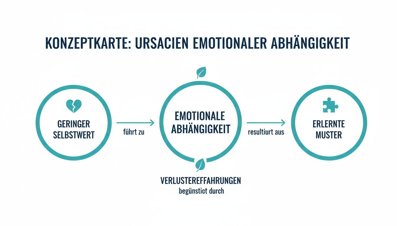 Konzeptkarte zu emotionaler abhängigkeit, die geringen selbstwert, verlusterfahrungen und erlernte muster als ursachen darstellt.