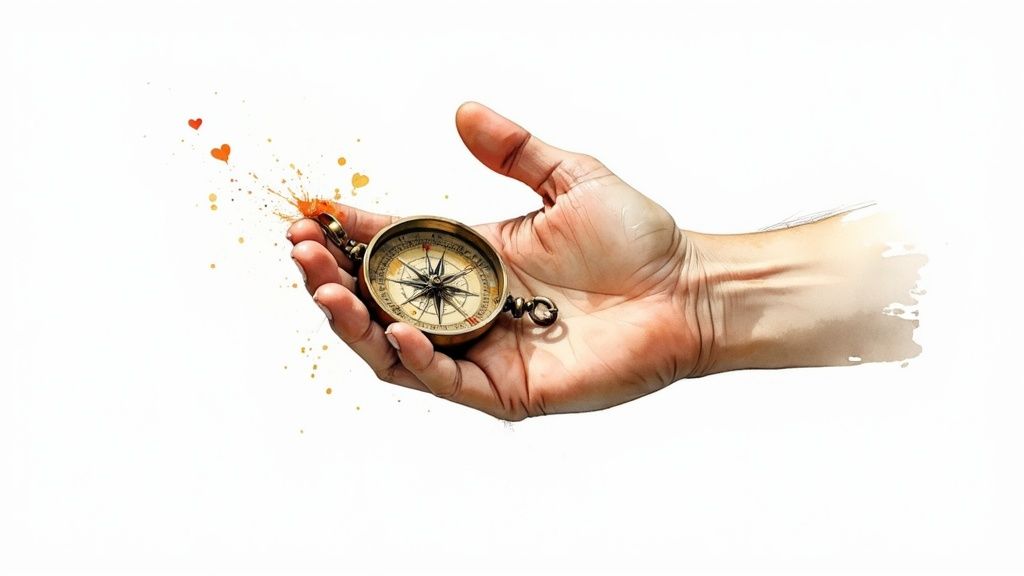 Hand hält goldenen kompass mit dekorativen elementen, symbolisiert orientierung und persönliche wertfindung