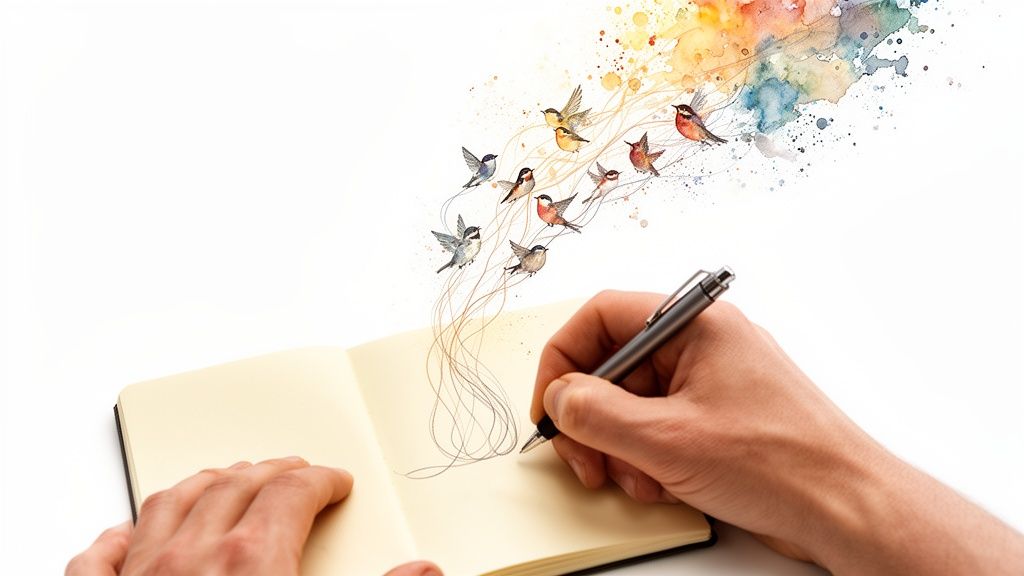 Eine hand schreibt in ein notizbuch, aus dem sich bunte vögel und farbspritzer entwickeln.