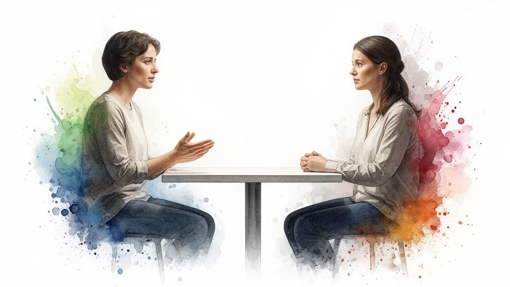 Zwei frauen sitzen an einem tisch und unterhalten sich, umgeben von farbspritzern.