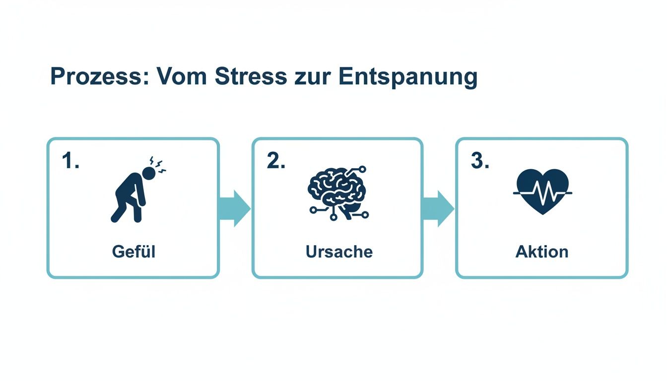 Ein diagramm, das den prozess von stress zu entspannung in drei schritten zeigt: gefühl, ursache, aktion.