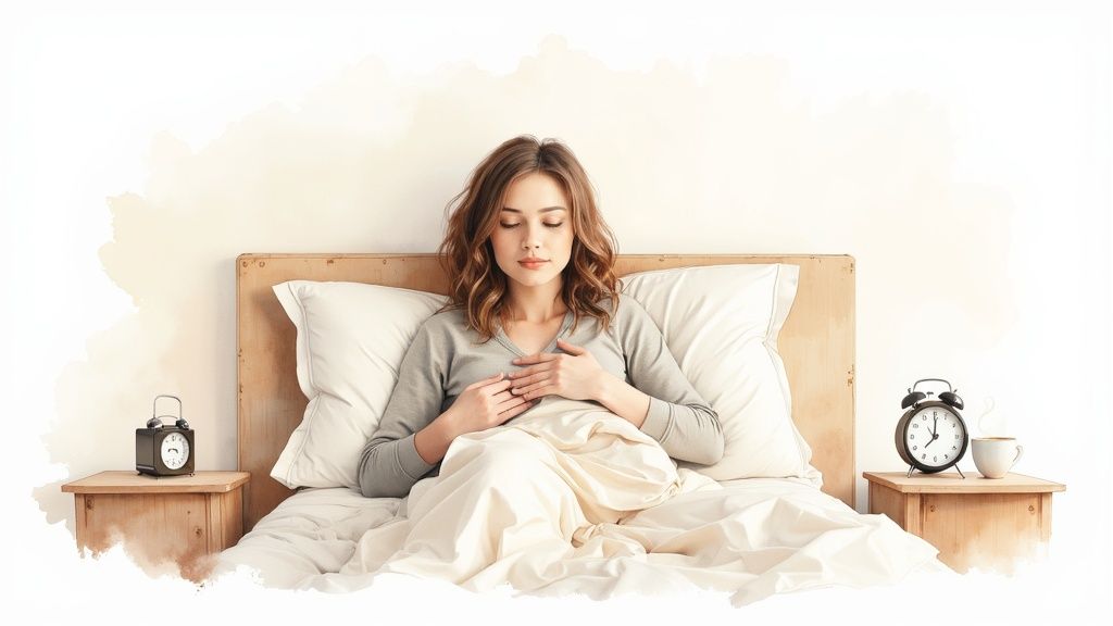 Junge frau im bett mit geschlossenen augen, hände auf der brust, praktiziert selbstmitgefühl.