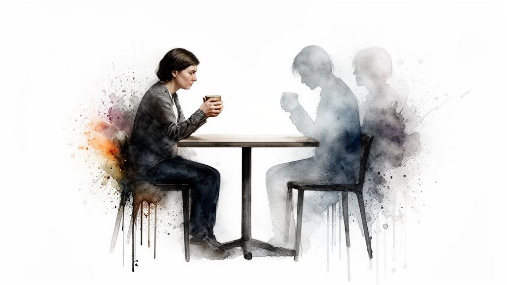 Frau sitzt an einem tisch mit tasse und blickt auf eine geisterhafte silhouette. Aquarellbild von einsamkeit.