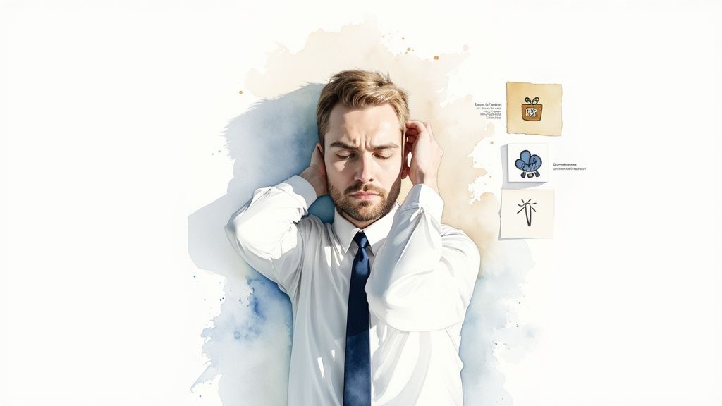 Ein mann mit geschlossenen augen hält die hände an den kopf, um sich zu konzentrieren oder stress zu lindern, umgeben von notizzetteln und aquarellspritzern.