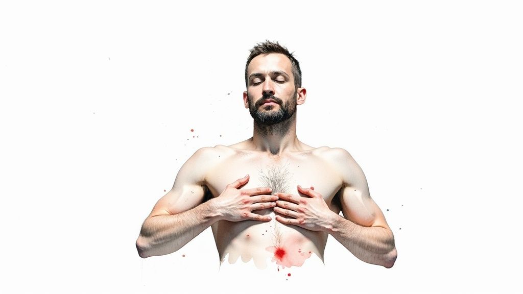 Eine frau sitzt im schneidersitz mit geschlossenen augen und atmet tief durch, während sie von pflanzen umgeben ist.