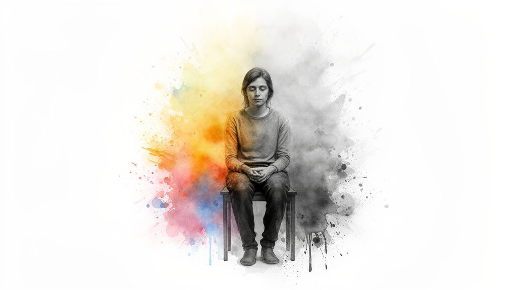 Eine junge person sitzt meditierend vor einem geteilten hintergrund aus bunten und grauen farbspritzern.