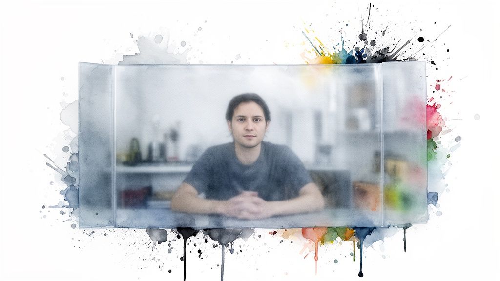 Umgang mit narzissten im nahen umfeld für mehr selbstschutz und abgrenzung Künstlerische darstellung eines jungen mannes, der hinter einer durchscheinenden wand sitzt, umgeben von bunten aquarellspritzern.