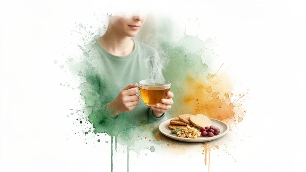 Eine person hält eine dampfende tasse tee neben einem teller mit keksen, nüssen und beeren.