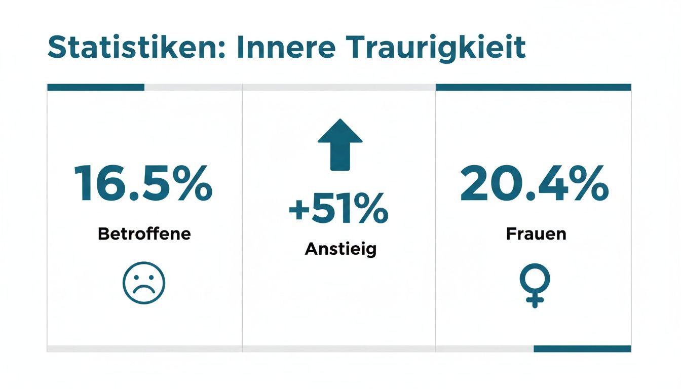Infografik zeigt statistiken zu innerer traurigkeit: 16,5% betroffene, +51% anstieg, 20,4% frauenanteil.