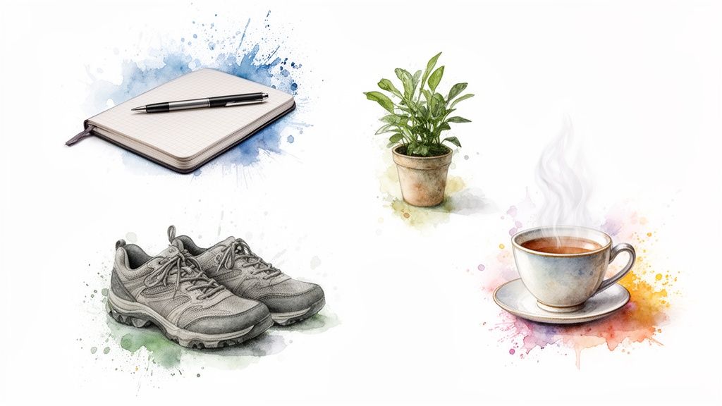 Vier aquarell-illustrationen auf weißem hintergrund: notizbuch mit stift, topfpflanze, sportschuhe und dampfende tasse tee.