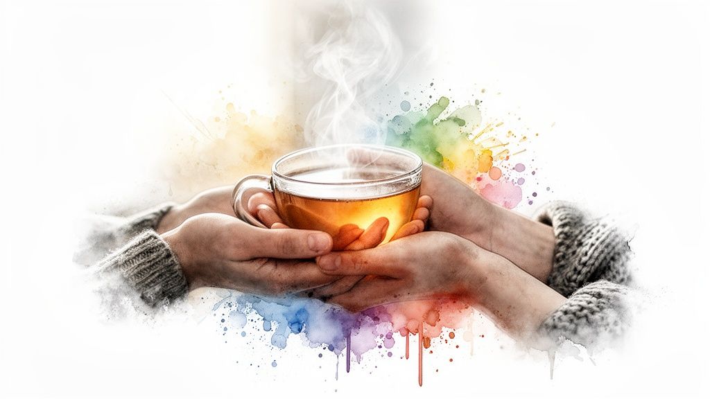 Zwei hände halten eine dampfende tasse tee, umgeben von bunten aquarellspritzern und warmen farben.