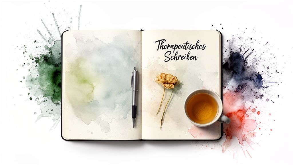 Manchmal muss man loslassen für innere freiheit und balance Offenes notizbuch mit 'therapeutisches schreiben', stift, getrockneten blumen und teetasse, umgeben von farbspritzern.