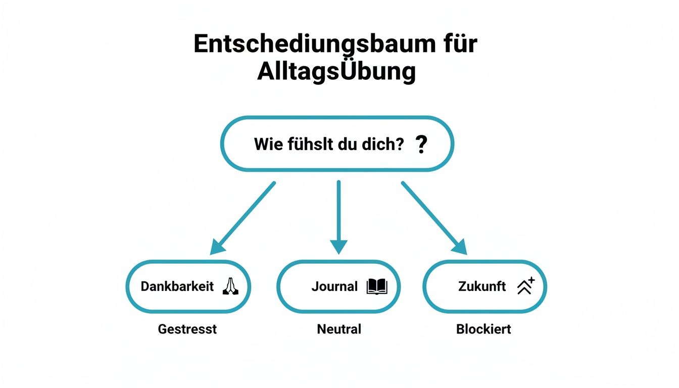 Entscheidungsbaum für alltagsübungen: gefühlszustände (gestresst, neutral, blockiert) führen zu dankbarkeit, journal oder zukunft.