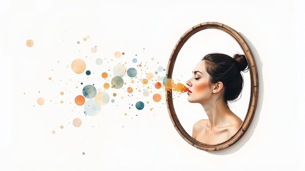 Frau vor spiegel bläst bunte kreise aus ihrem mund, symbolisiert selbstreflexion und persönliche werte