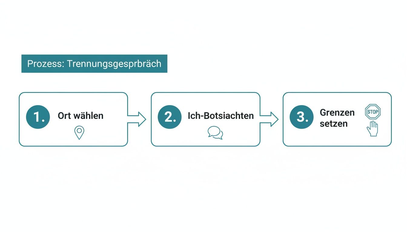 Ein prozessflussdiagramm zeigt drei schritte für ein trennungsgespräch: ort wählen, ich-botschaften senden und grenzen setzen.