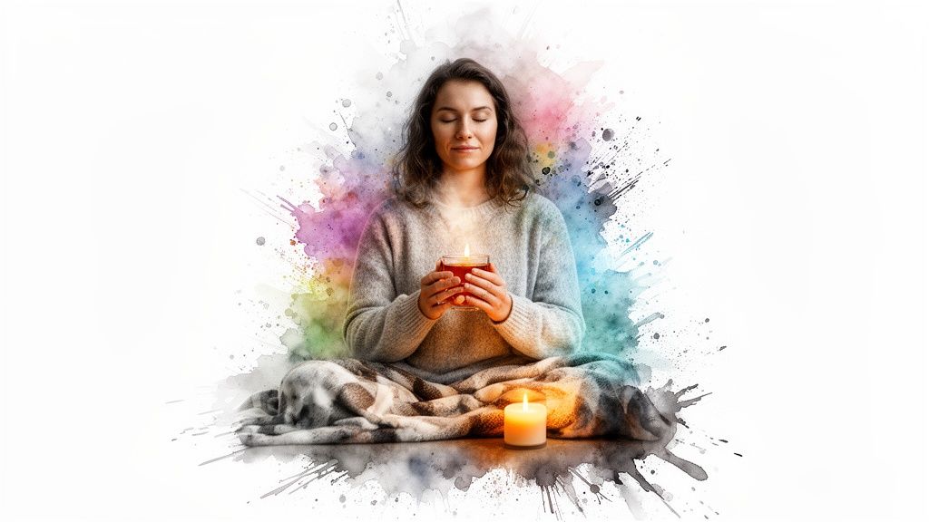 Eine frau meditiert friedlich mit einer kerze in den händen und einer weiteren daneben, umgeben von bunten aquarellspritzern.