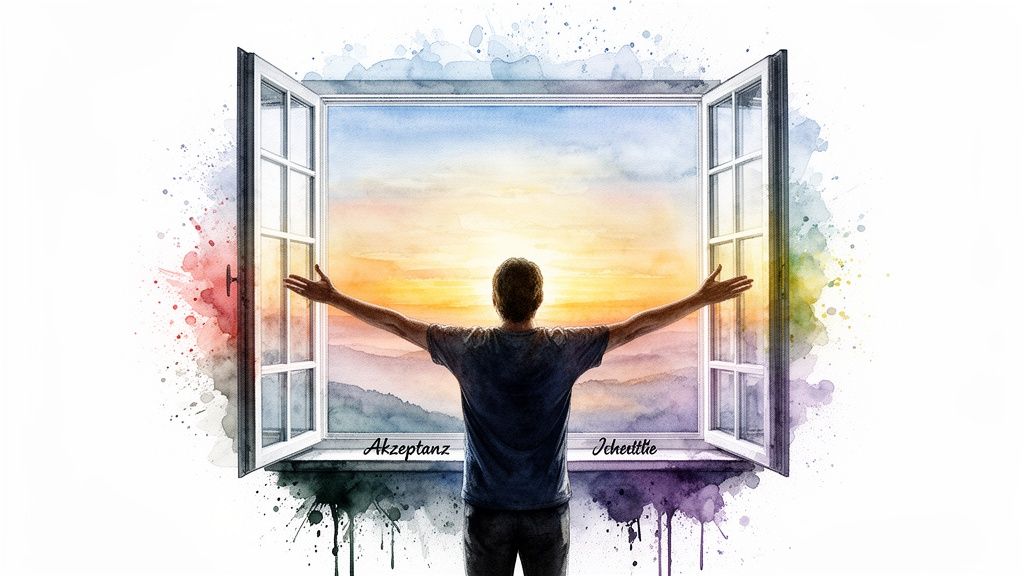 Person blickt durch offenes fenster auf sonnenaufgang, arme ausgestreckt. Aquarellfarben mit 'akzeptanz' und 'ich heile'.