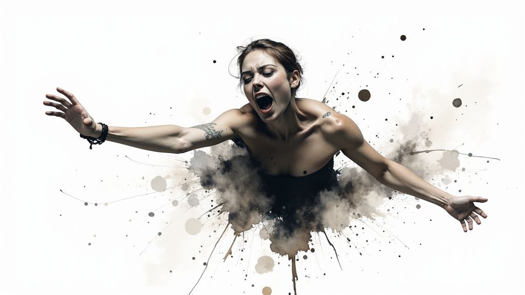 Eine frau mit weit geöffnetem mund schreit, ihre arme sind ausgestreckt und sie ist umgeben von dunklen farbspritzern.