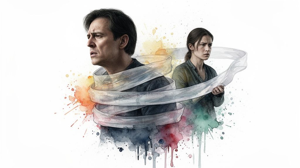 Mann und frau durch weißes band verbunden, umgeben von bunten farbspritzern in aquarelloptik.