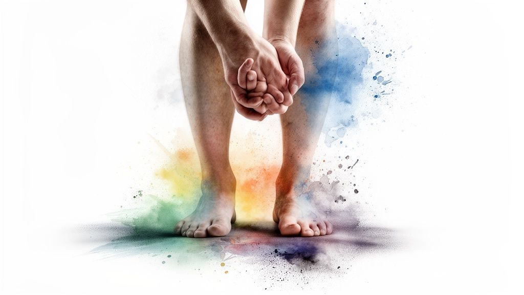 Beine und verschränkte hände einer person, umgeben von bunten aquarellfarben auf weißem grund.