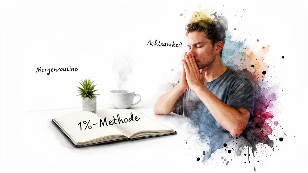 Mann meditiert für achtsamkeit, mit notizbuch für morgenroutine und 1%-methode zur selbstverbesserung.