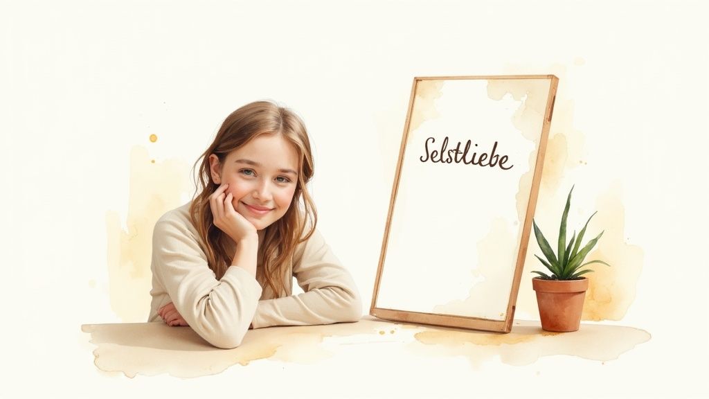 Lächelndes junges mädchen mit der hand am kinn, neben einer tafel mit der aufschrift „selbstliebe“ und einer pflanze.