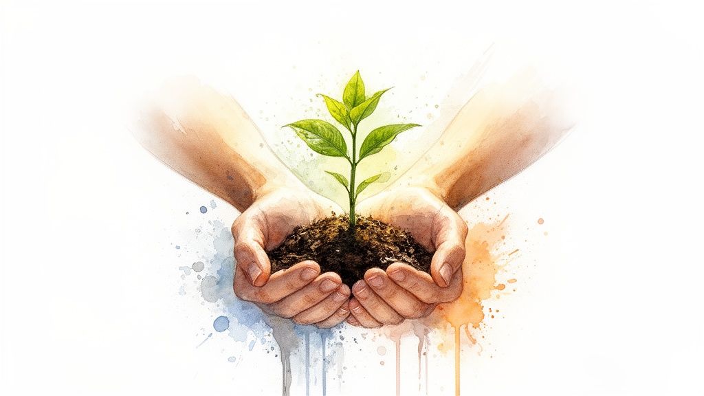 Hände halten eine kleine grüne pflanze in erde, ein symbol für wachstum und fürsorge.