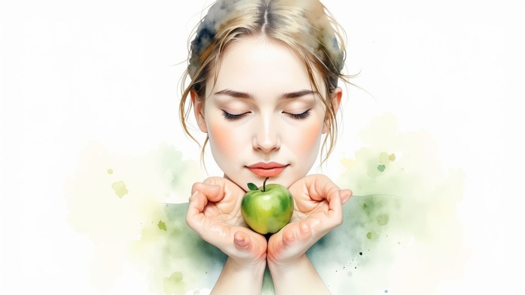 Eine person sitzt meditierend auf einem felsen über den wolken und blickt in die aufgehende sonne, was innere ruhe und mentale stärke symbolisiert.