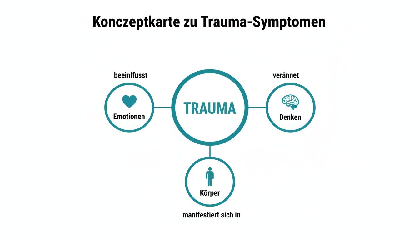 Trauma nach toxischer beziehung: heilungsschritte für ein neues vertrauen Konzeptkarte zu trauma-symptomen zeigt, wie trauma emotionen, denken und den körper beeinflusst.