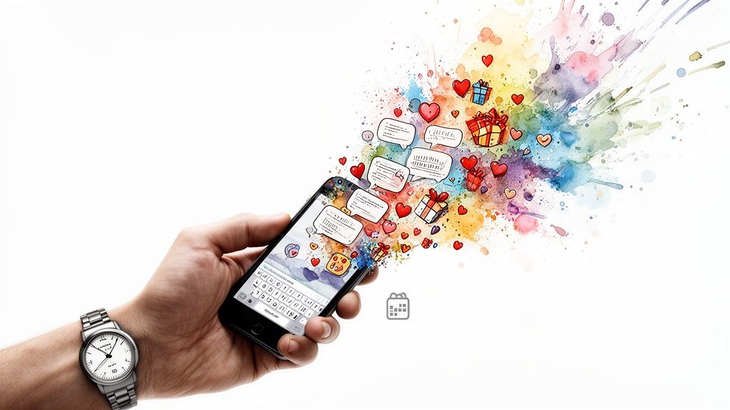 Eine hand hält ein smartphone, aus dem bunte herzen, geschenke und sprechblasen in einem farbspritzer-design aufsteigen.