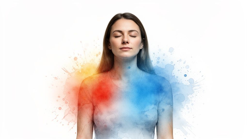 Autogenes training 6 grundübungen: ein weg zu innerer ruhe und stärke Eine junge frau meditiert ruhig mit geschlossenen augen, umgeben von warmen und kühlen farbspritzern.