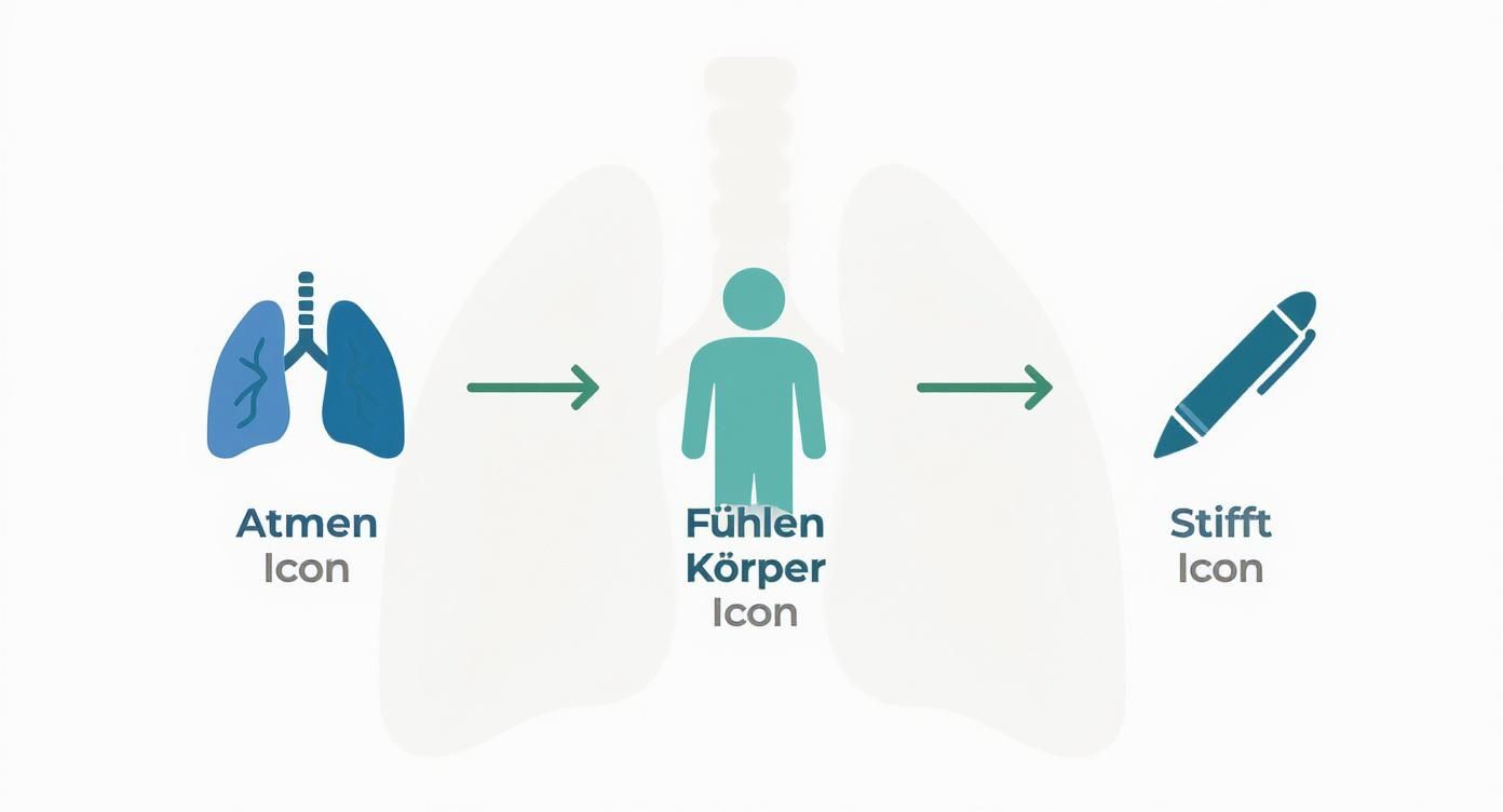 Visualisierung eines prozesses: lungen für atmung, mensch für körpergefühl, stift für ausdruck. Eine sequenz von atem zu schreiben.