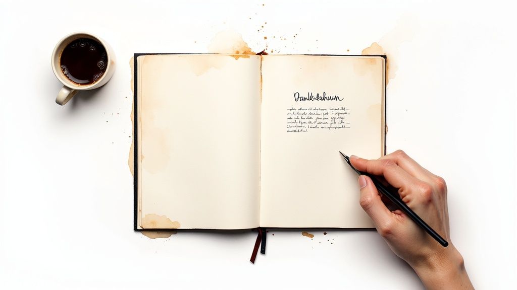 Eine hand schreibt mit einem stift in ein offenes notizbuch. Daneben steht eine kaffeetasse, kaffeeflecken sind auf den seiten sichtbar.