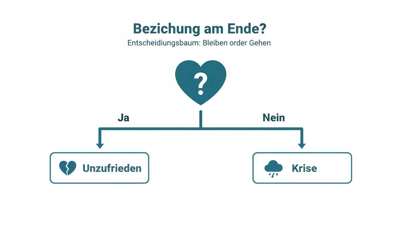 Ein entscheidungsbaum zur beziehungsfrage, symbolisiert durch ein herz mit fragezeichen, führt zu unzufriedenheit oder krise.