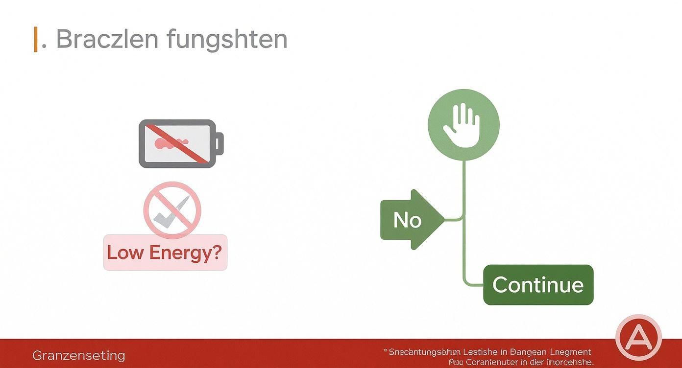 Unzufriedenheit mit sich selbst nachhaltig überwinden Ein diagramm illustriert einen entscheidungsprozess bei geringer energie mit symbolen für batterie und auswahl. Ein flussdiagramm zeigt optionen zum fortfahren.