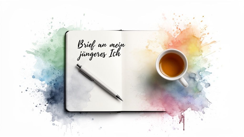 Offenes notizbuch mit 'brief an mein jüngeres ich', stift und teetasse auf buntem aquarellhintergrund.