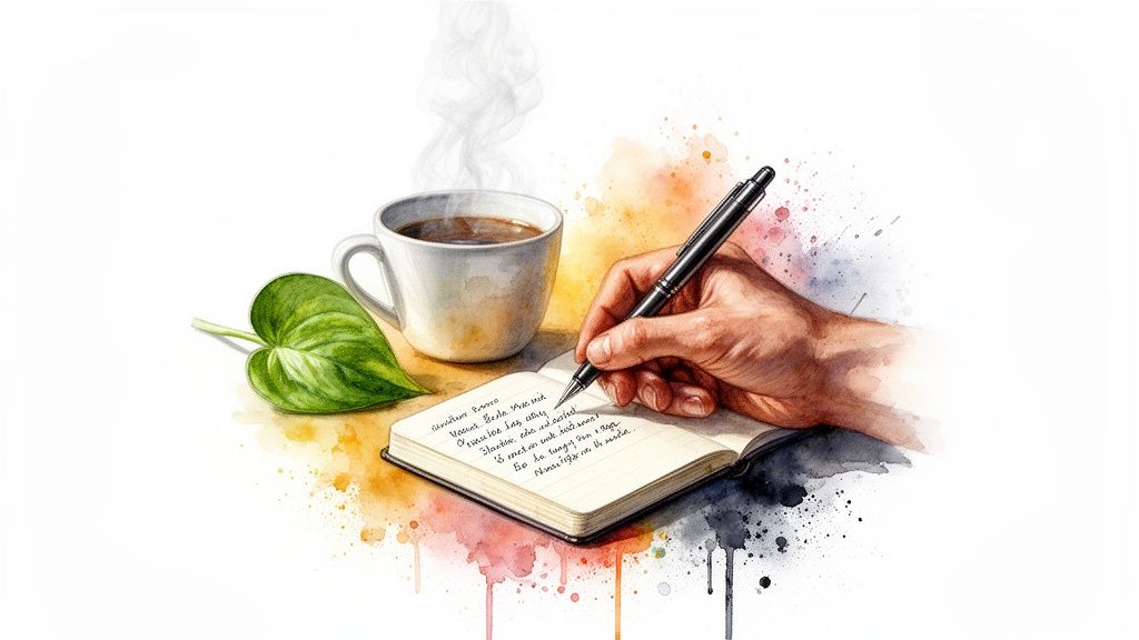 Aquarell-illustration einer hand, die in ein notizbuch schreibt, daneben eine dampfende tasse kaffee und ein grünes blatt.