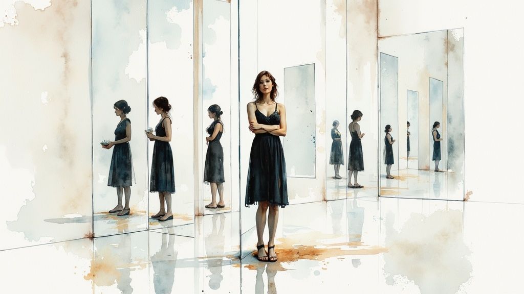 Eine person blickt in einen zerbrochenen spiegel, der ihr gesicht verzerrt darstellt.