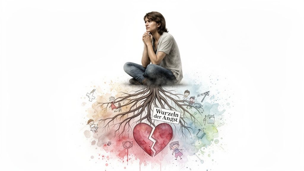 Eine person sitzt auf baumwurzeln, die ein zerbrochenes herz umgeben, mit dem titel 'wurzeln der angst' und kinderzeichnungen.