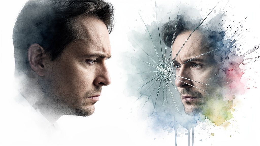 Ein mann blickt auf sein zerbrochenes spiegelbild mit aquarell-effekten, symbolisierend innere konflikte.