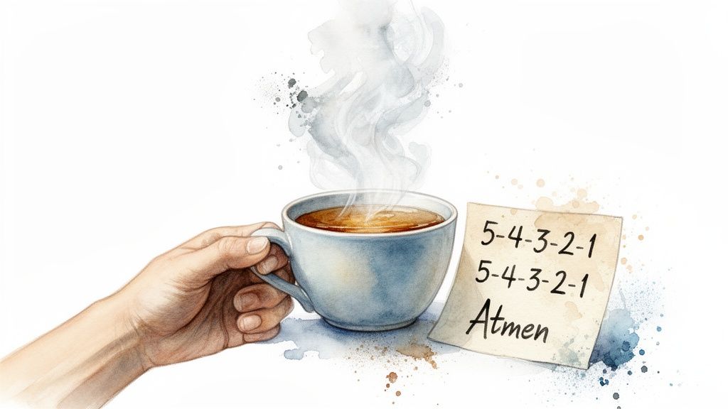 Eine hand hält eine dampfende tasse kaffee im aquarellstil. Daneben liegt ein zettel mit '5-4-3-2-1' und 'atmen'.