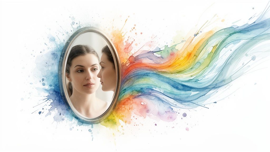 Eine frau blickt in einen spiegel, aus dem bunte aquarellwellen und farbspritzer fließen.