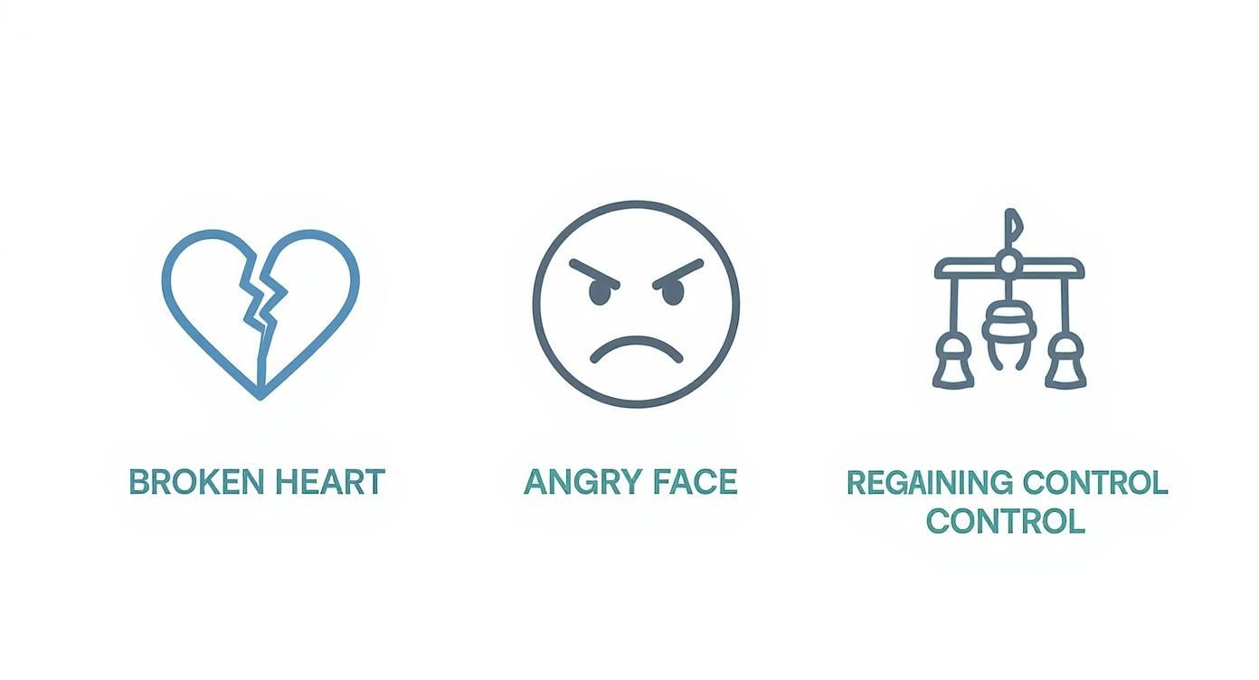 Drei icons: ein gebrochenes herz, ein wütendes gesicht und ein babymobile als symbol für kontrolle.