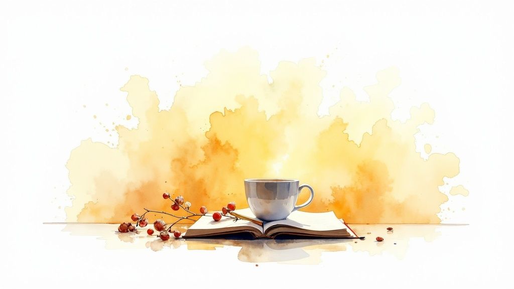 Aquarellbild mit tasse, offenem buch und roten beeren vor warmem, orange-gelbem hintergrund.