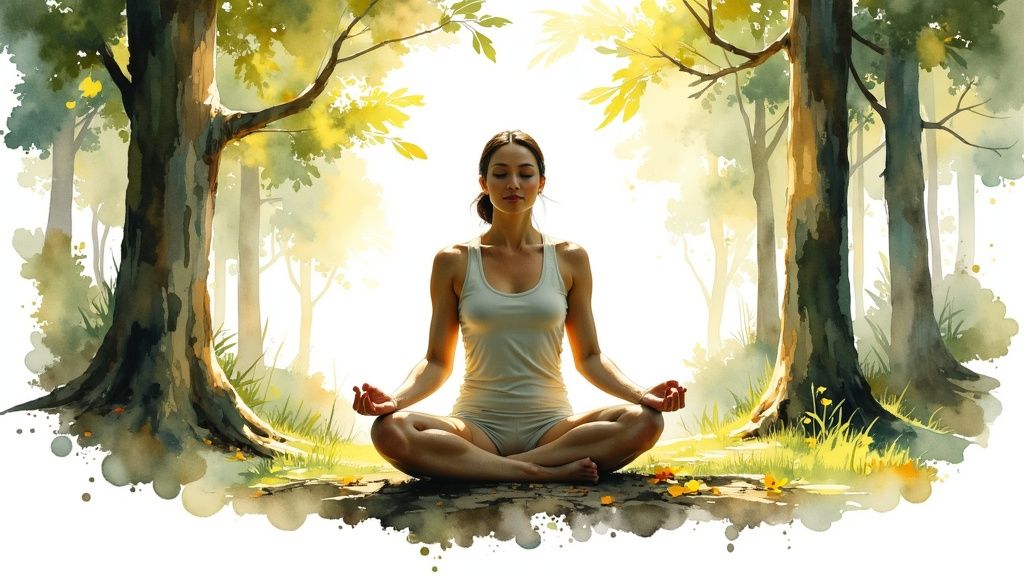 Eine person praktiziert sanftes yoga in der natur, umgeben von grünen pflanzen, was die verbindung von körper und geist bei der heilung symbolisiert.