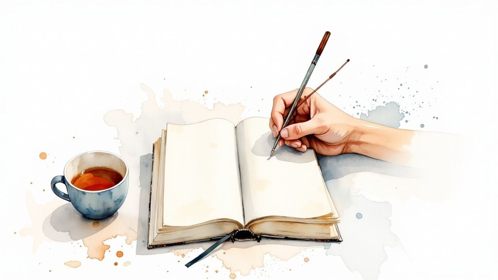 Unzufriedenheit mit sich selbst nachhaltig überwinden Hand schreibt mit einem stift in ein offenes notizbuch neben einer tasse tee im aquarellstil.