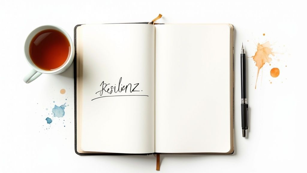 Offenes notizbuch mit dem wort 'resilienz', einer tasse tee und einem stift auf weißem hintergrund.