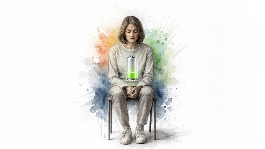 Müde person sitzt mit geschlossenen augen, ein batterie-symbol mit mittlerem ladestand auf der brust, umgeben von farbspritzern.
