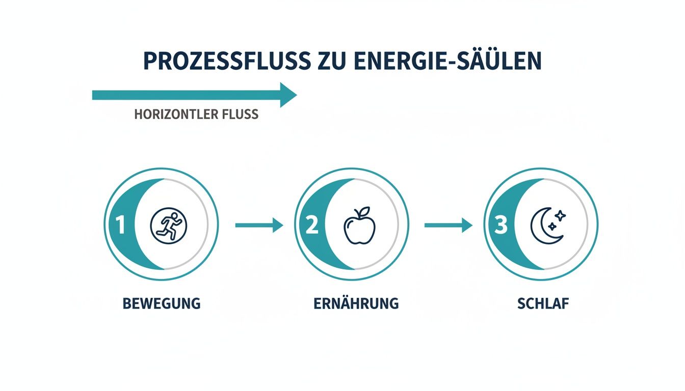 Diagramm zeigt die drei energiesäulen bewegung, ernährung und schlaf in einem horizontalen prozessfluss.